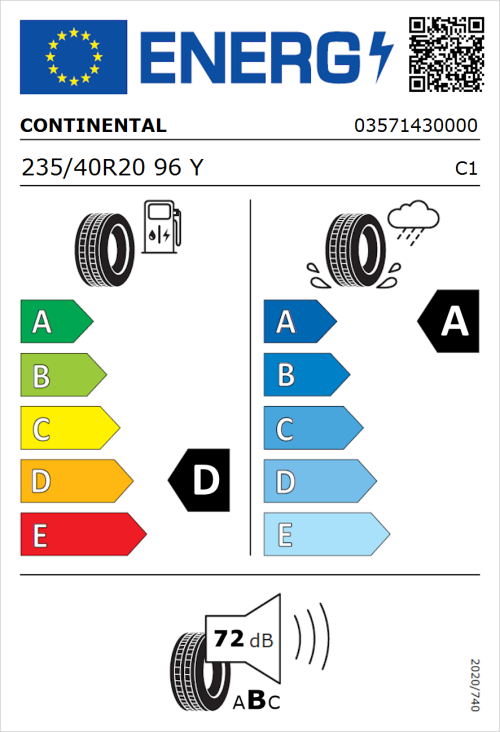 Tyre Label for Continental ContiSportContact 5 P 235/40R20 96Y