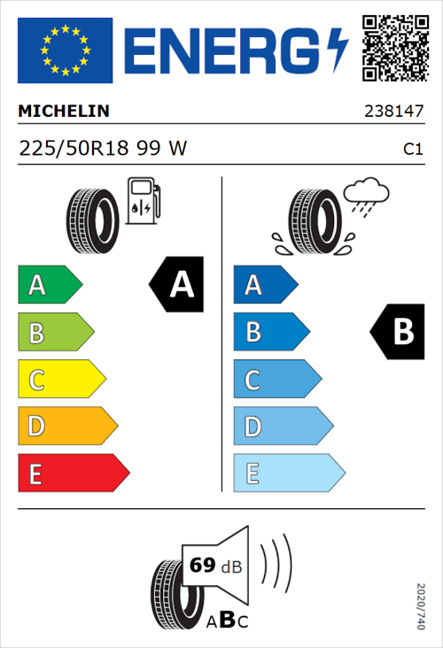 Tyre Label for Michelin e.primacy 225/50R18 99W