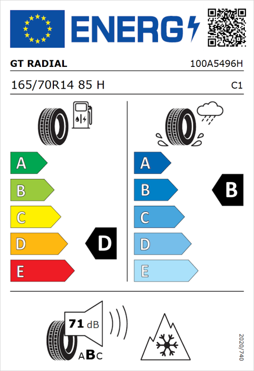 Tyre Label for GT Radial 4Seasons 165/70R14 85H