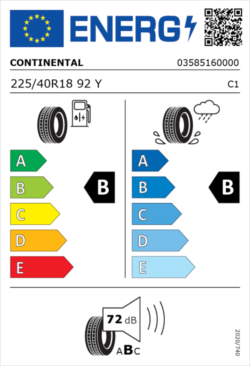 Tyre Label for Continental EcoContact 6 SSR 225/40R18 92Y