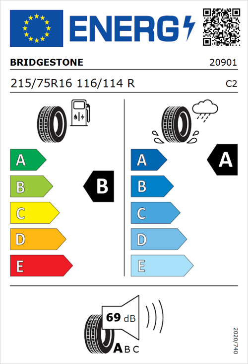 Tyre Label for Bridgestone Duravis Van 215/75R16 116/114R
