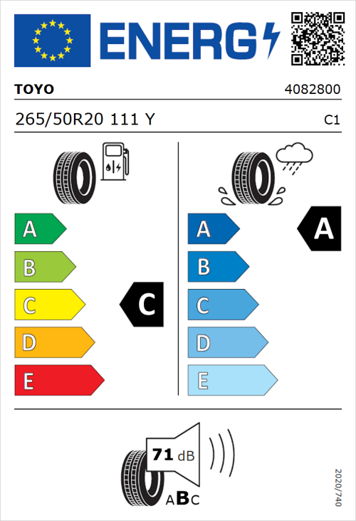 Tyre Label for Toyo Proxes Sport 2 265/50R20 111Y