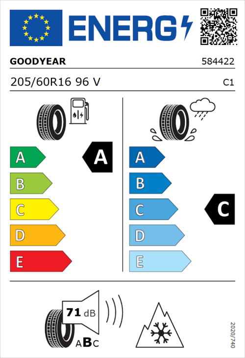 Tyre Label for Goodyear Vector 4Seasons Gen-3 205/60R16 96V