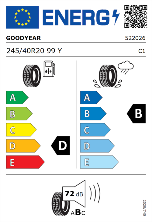 Tyre Label for Goodyear Excellence 245/40R20 99Y