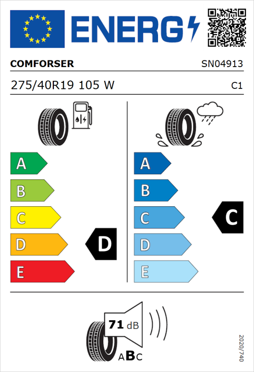 Tyre Label for Comforser CF700 275/40R19 105W